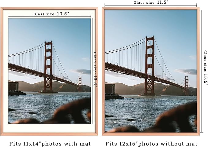 Frametory, 12x16 Metal Picture Frame with Mat for 11x14 Picture & Real Glass, Aluminum Photo Frame Collection (Rose Gold, 1 Pack)