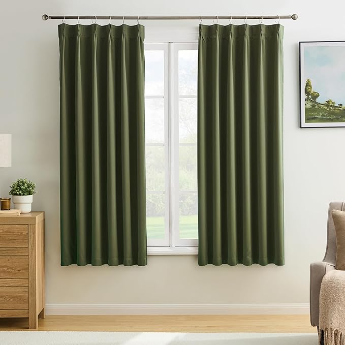 KEQIAOSUOCAI Dark Olive Pinch Pleated Curtains 72 Inches Long for Short Windows, Room Darkening Blackout Curtain Drapes for Bedroom 40 x 72 Inch -2 Panels