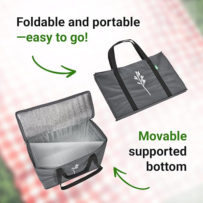 Green Bulldog 2Pack Insulated Grocery Bags – Foldable Reusable Cooler Bags with Handles for Everyday Use, Groceries, Food Delivery, and Shopping – 16”x9”x13”, Gray