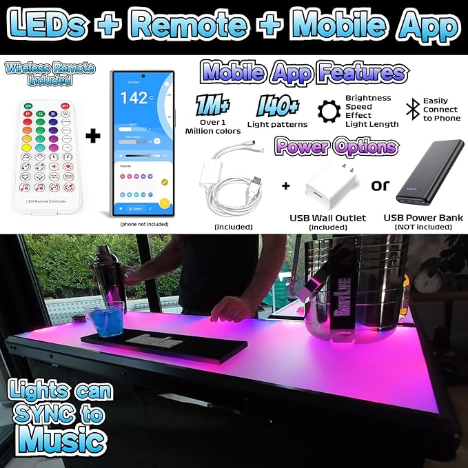 PartyLife Glowing LED Surface Portable Bar Table w/Mobile App, Wireless Remote, Folding Legs, 2 Bar Skirts, Heavy-Duty Storage Shelf & Carrying Case - White Skirt