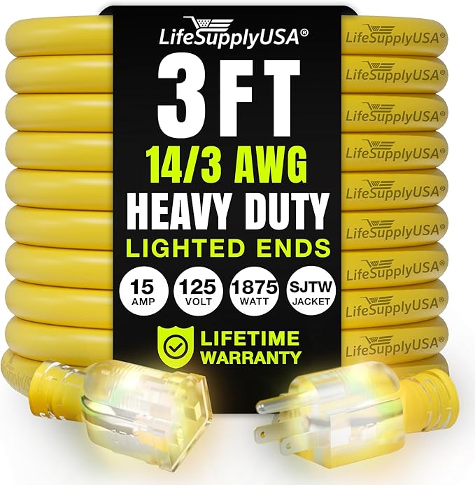 3ft Outdoor/Indoor Extension Cord 14/3 Gauge Heavy Duty 3 Prong SJTW, Waterproof, Flexible Cold-Resistant Long Power Cord,15A 125V 1875W, Yellow by LifeSupplyUSA