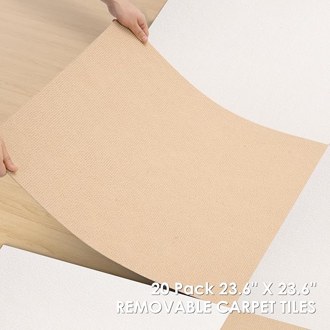 Carpet Tile 20 Pack 24” X 24” Self Adhesive Carpet Floor Tiles Anti-Slip Squares Peel and Stick Floor Tilel DIY Installation for Bedroom(Beige Camel)