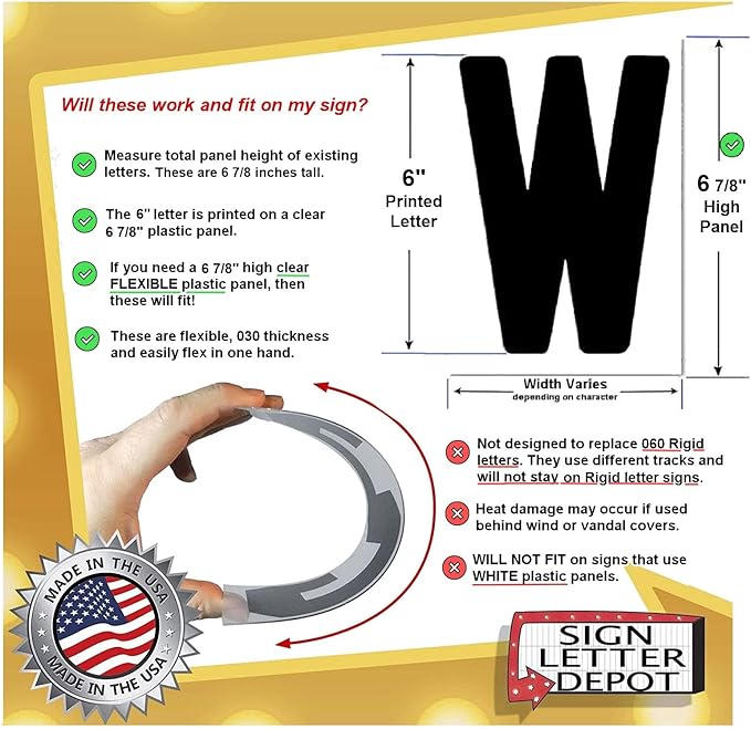 6" on 6 7/8 inch Flexible Marquee Sign Letters for Portable Roadside Signs & Reader Boards, Flexible Letters for Marquee Sign