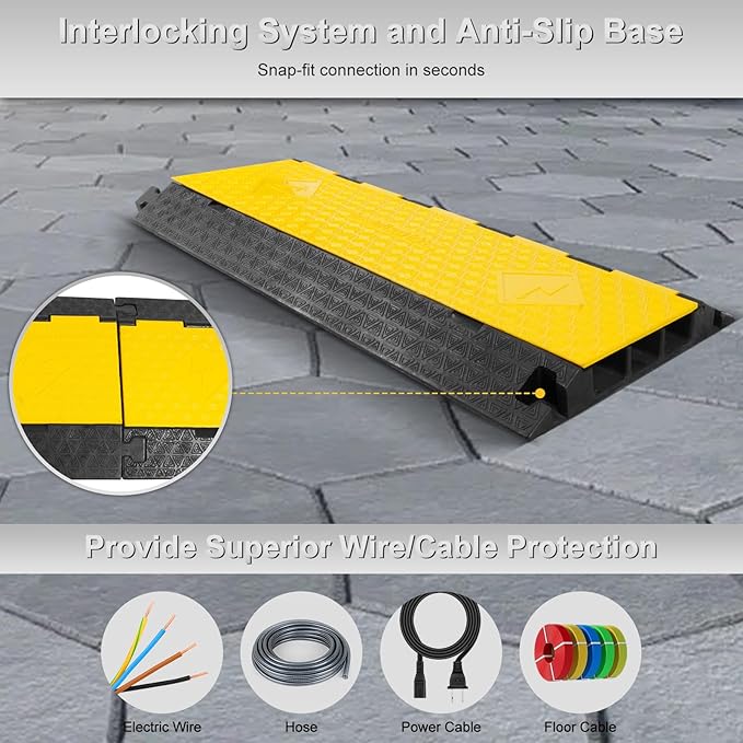 Cable Protector Ramp 2 Packs - 3 Channels Driveway Hose Protector with 39000 LBS Capacity Rubber Modular Cable Ramp for Garden Hose Wire Cord, Drive Over Cover Protector