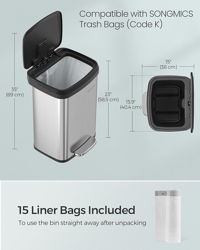 SONGMICS Kitchen Trash Can, 13 Gallon (50 L) Stainless Steel Garbage Can, with Stay-Open Lid and Step-on Pedal, Soft Closure, Tall, Large and Space-Saving, Silver and Black ULTB530E50