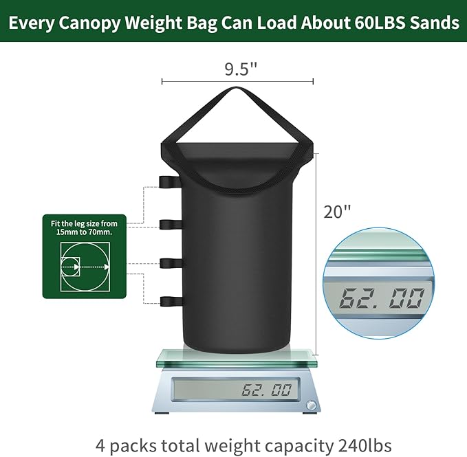 240LBS Canopy Tent Weights Set of 4 Empty Sand Bags for Canopy Tent Legs, Heavy Duty 1680D Pop Up Canopy Tent Weights Sandbags for Outdoor Gazebos, Umbrellas, Pergolas, Sunshades & Patio Furniture