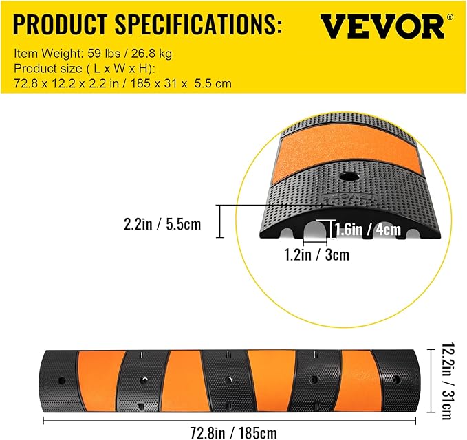 VEVOR Rubber Speed Bump, 1 Pack 2 Channel Speed Bump Hump, 72.8" Long Modular Speed Bump Rated 22000 LBS Load Capacity, 72.8 x 12.2 x 2.2 Garage Speed Bump for Asphalt Concrete Gravel Driveway-6 FT