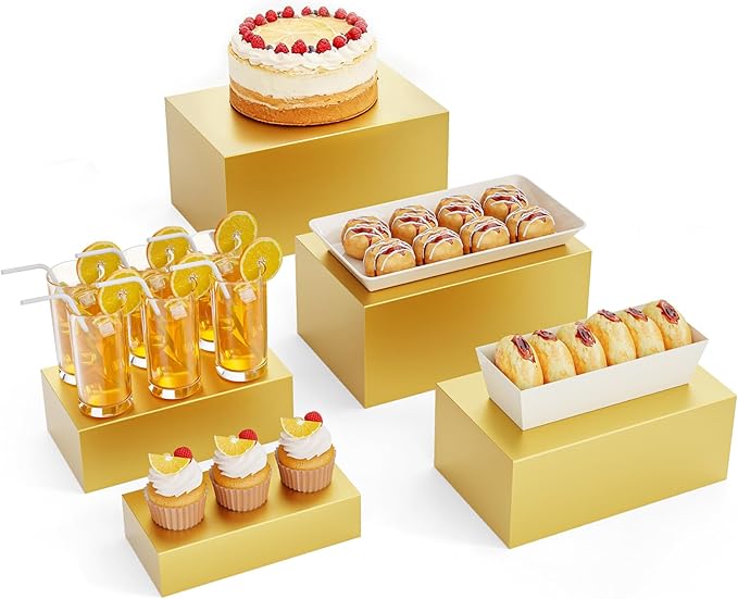 5 Pcs Metal Display Stands for Buffet Table Cake Risers, Cupcake Rectangle Stand for Wedding, Party, Catering Supplies, Elegant Food Risers for Display with 5Pcs Hollow Bottoms Sturdy Modern (Gold, 2 IN to 12 IN)