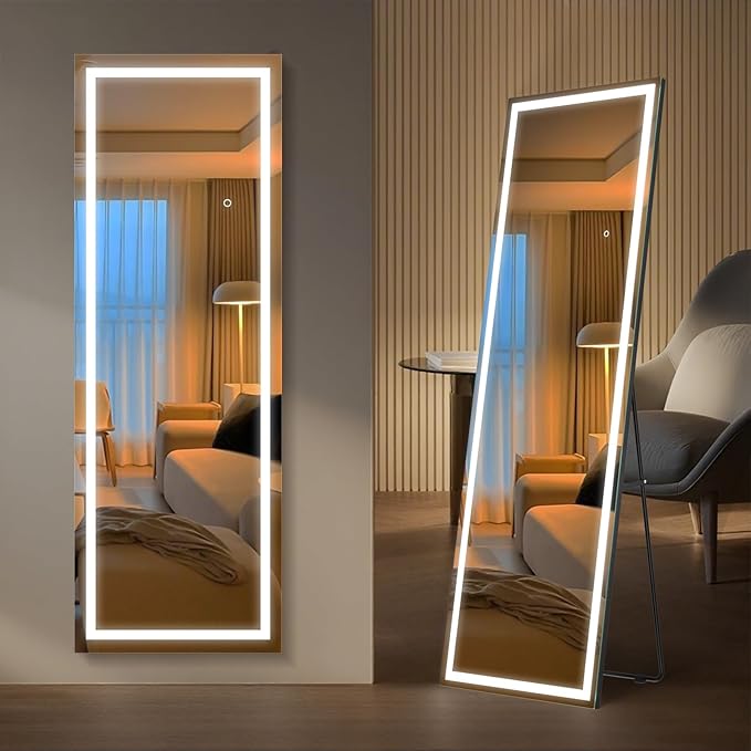 Kosmonia 65x24 Full Length Mirror, Dimmable 3 Color LED Light w/Light Memory, Distortion Free Silver Coating Mirror, HD Reflection &Anti Desilvering,Tempered Glass &Shatter Proof Film Doubles Safety
