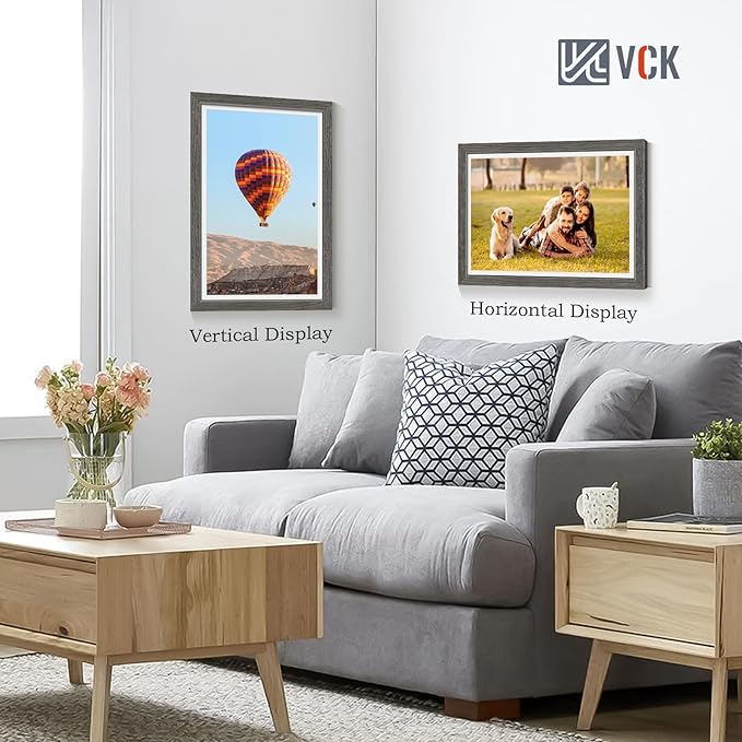 VCK 12x18 Picture Frame 2 Pack - Grey, High-End Wood Poster Frames with Tempered Glass, Display 11x17 Photo with Mat or 12x18 without Mat, Art Gallery-Quality, Wall Hanging, Grey