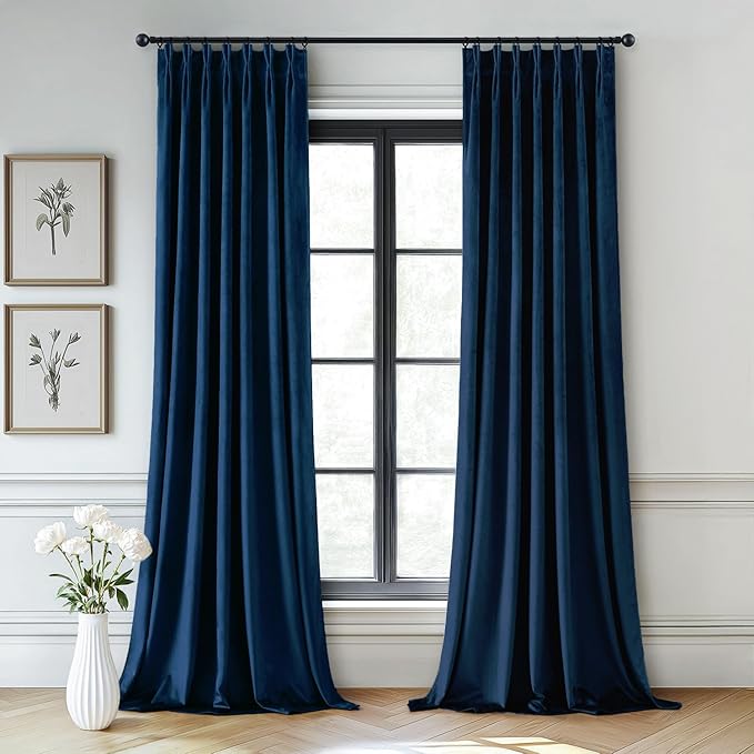 MIULEE Navy Blue Velvet Curtains 96 inches Long, Pinch Pleated Blackout Drapes with Hooks, Thermal Insulated Pinch Pleat Panels for Bedroom Living Room, 2 Panels