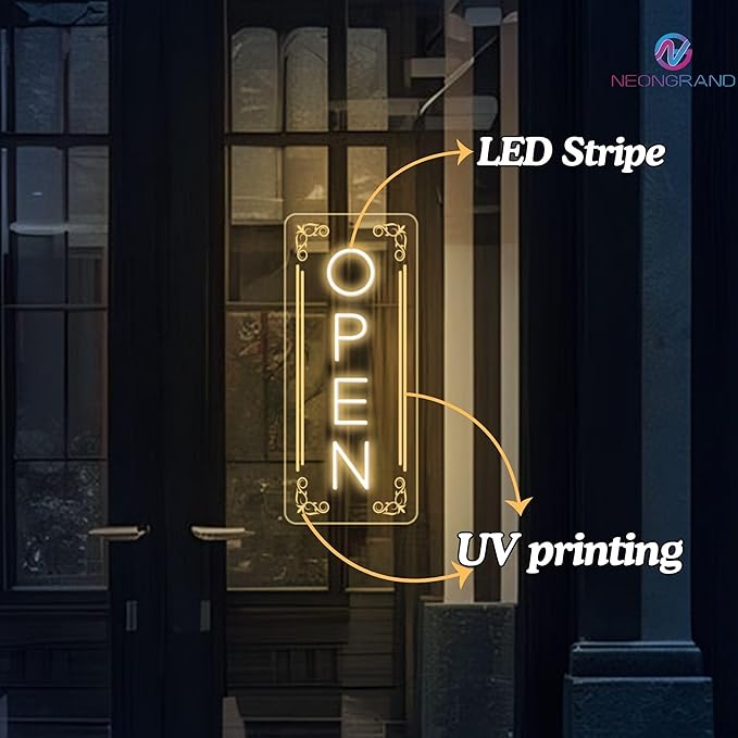 Vertical LED Open Sign - UV printing Pattern, LED Open Signs for business – USB Powered Neon Wall Light, Neon Sign for Shop, Window, or Business Use (7x16.5'', Warm White)