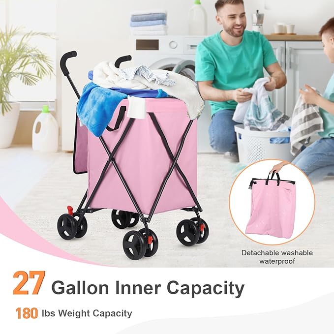 27 Gal/180 LBS Capacity Shopping Cart, Upgrade Huge Grocery Cart on Wheels,Heavy Duty Foldable Utility 360° Rolling Swivel Wheels for Shopping Picnic Groceries Laundry (Rose)