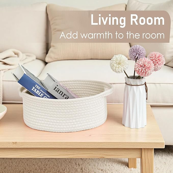 Woven Basket,Small Rope Storage Bin with Handles & Ribbon Bag, Organizer for Shelves Closets,Gift Basket Empty for Birthday,Books,Dog Toys,White