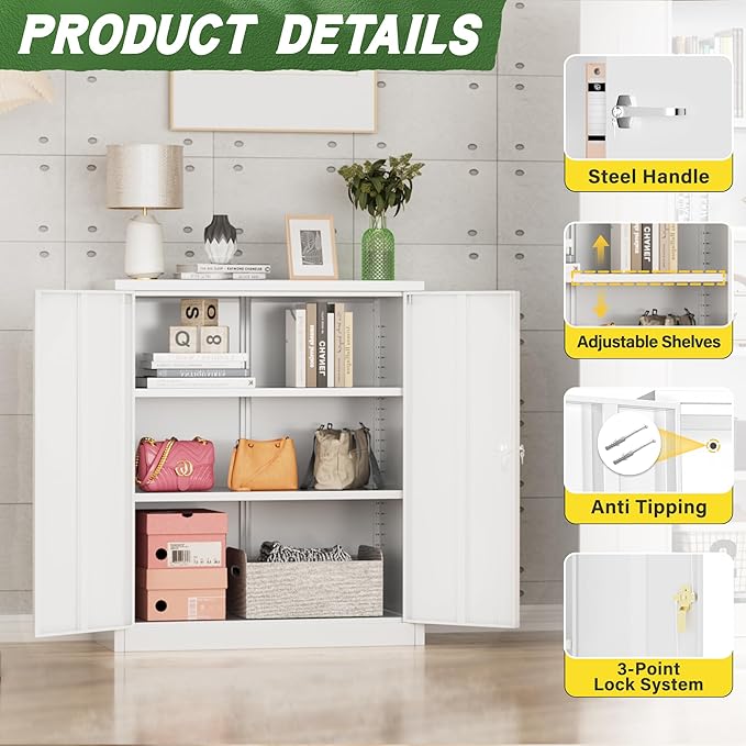 Greenvelly Metal Storage Cabinet with Doors and Shelves,Lockable Storage Cabinet for Office,36”White Metal Utility Cabinet Garage Cabinets, Lockable File Cabinet for Home Office, Garage, Kitchen, Shop