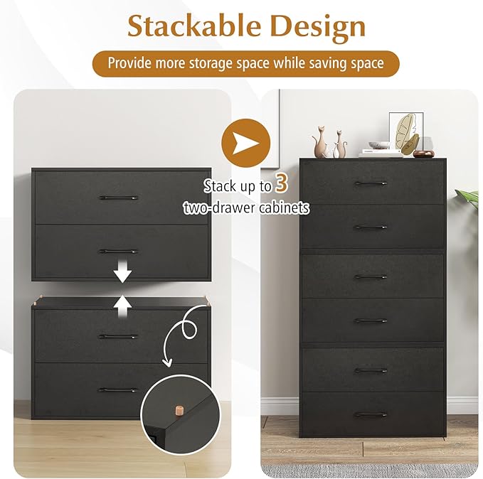 POWERSTONE 2 Drawers Storage Cabinets, Wooden Dresser Organizer, Under Desk Storage for Living Room, Bedroom, Home Office, Black