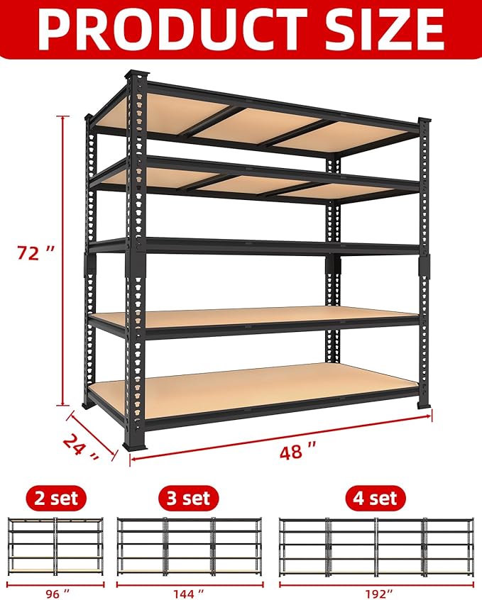 PrimeZone Heavy Duty Garage Storage Shelves - 48" W X 24" D X 72" H Adjustable Metal Shelving Unit, 5 Tier Industrial Shelves for Storage Standing Utility Rack for Warehouse, Basement, Black, 10 Pack