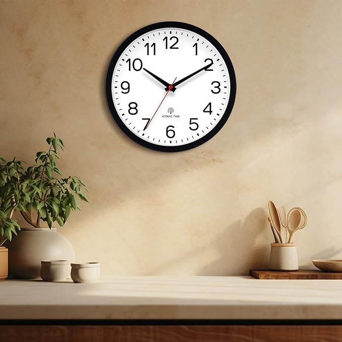 AKCISOT Atomic 12 Inch Wall Clock Analog Clocks for Indoor Kitchen, Battery Operated Clock for Bedroom Office Classroom Living Room(Black)