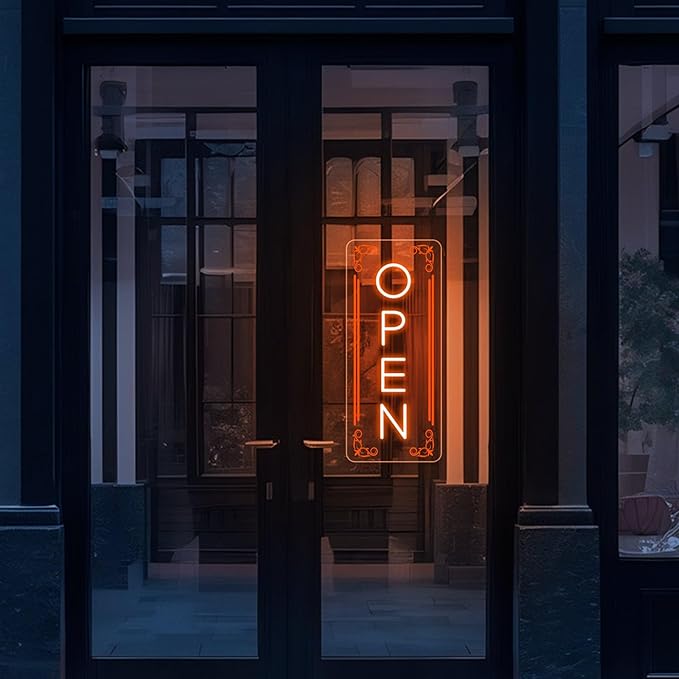 Vertical LED Open Signs for business – Super Bright - UV Printing Pattern, Remote Included - Large Size 10x24'' - Neon Open Sign for Café, Bar, Shop & Business Sign (Orange)