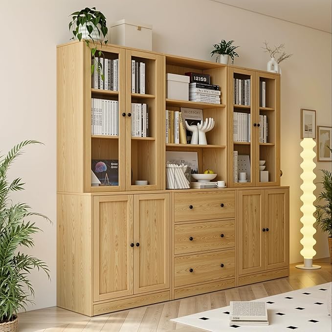 TUSY 71" H Bookshelf Bookcase with Doors, 3-Tier Modern Bookshelves with 3 Large Drawer, Display Bookcase with Glass Doors, Modern 5-Tier Curio Cabinet for Home Office, Dining Room (Wood, BAB)
