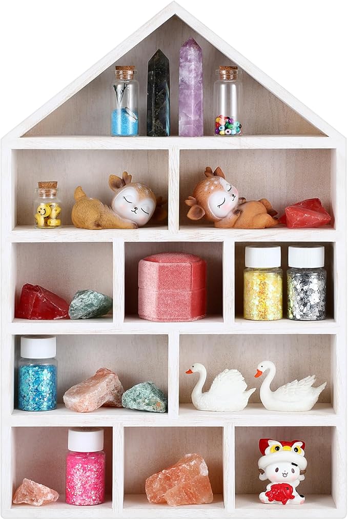 House Shaped Wooden Shadow Cubby Box 10 W x 2 1/4 D x 15 H Hanging Display Shelf Organizer Wall Mounted Curio Cabinet Wooden Display Case Miniature Shelf for Figures(Wood Color)