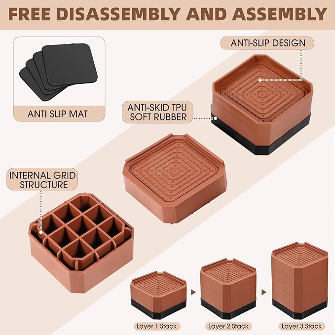 Furniture Risers Bed Risers - Rectangular Adjustable Block Riser for Raising 1.5-3 in. & 4.3 in. Beds, Tables, Sofas, Refrigerators, Washers - Up to 4,000 Pounds (Brown, Two Layers 3inches)