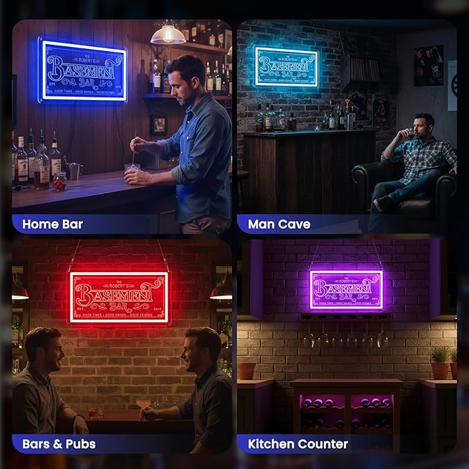 Basement Bar Neon Sign for Man Cave Home Bars, Personalized LED Lights for Pub Cocktails Party,Dimmable Shop Business Decor Gifts for Husband, Father, Birthday, Christmas