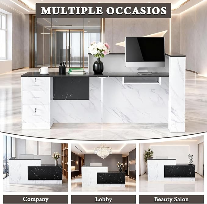 R-Shaped Modern Reception Desk with Counter & Storage - 71"/84" Large Office Front Desk, Salon Checkout Counter with Lockable Cabinets, Shelves & Drawers (Black & White, Right - 71''L x 34''W x 41''H)