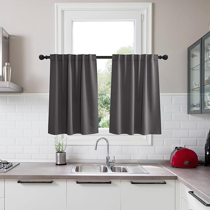 KGORGE Bathroom Curtains 36 inches Long, Back Tab Rod Pocket Privacy Thermal Insulation Gray Short Blackout Half Window Tiers for Basement Cafe Kitchen, W34 x L36 inches, Grey, 2 Panels