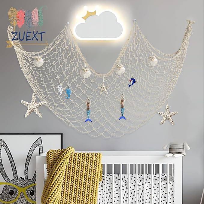 ZUEXT Fishing Nets Light Pink/Beige 80x40 Inch, 2PCS Picture Fish Netting Decor, Cotton Mermaid Net for Hawaiian Nautical Beach Party, Fishnet Photo Display, Sea Themed FishNet Decor Balloon Net
