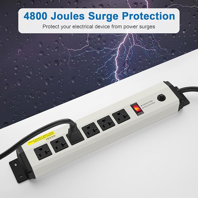 CCCEI 12 Gauge Heavy Duty Power Strip Surge Protector 4800J, 20 Amp 6 Plug Industrial Shop Garage Metal Multiple Outlets, 12 FT Extension Cord 5-15P Adapter High Amp 6-20R T-Slot 20a for Appliance.