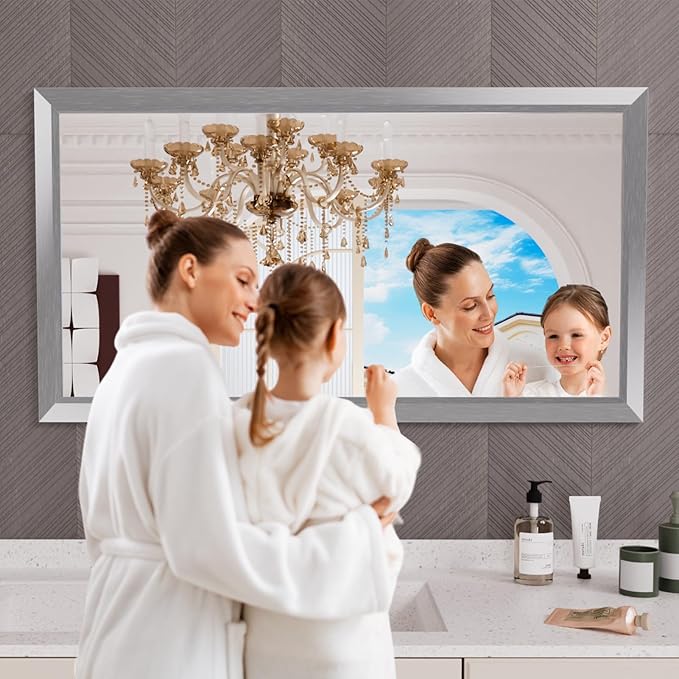 Amorho Bathroom Mirror, 50 X30 Inch Silver Thick Metal Framed Wall Mirrors for Over Sink, Brushed Nickel Mirror Perfect for Bedroom, Living Room, Entryway, Rectangle (Horizontal/Vertical).