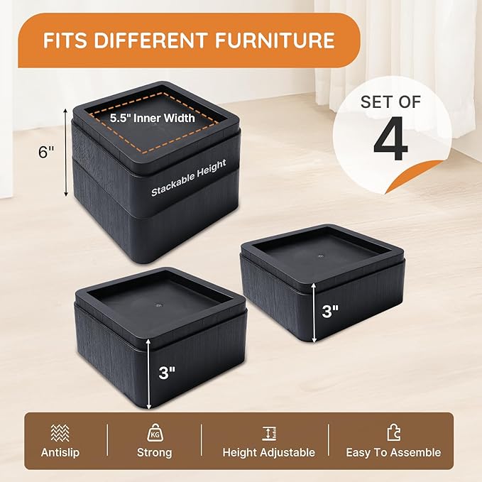 Bed Risers, Oversized Furniture Risers Fit Up to 5.5" Legs, 3 inch Raise Blocks for Bed Couch Desk Sofa Table Lifts, Furniture Legs Lifters Support up to 6000 Lbs (Black, 4 Pack Set)