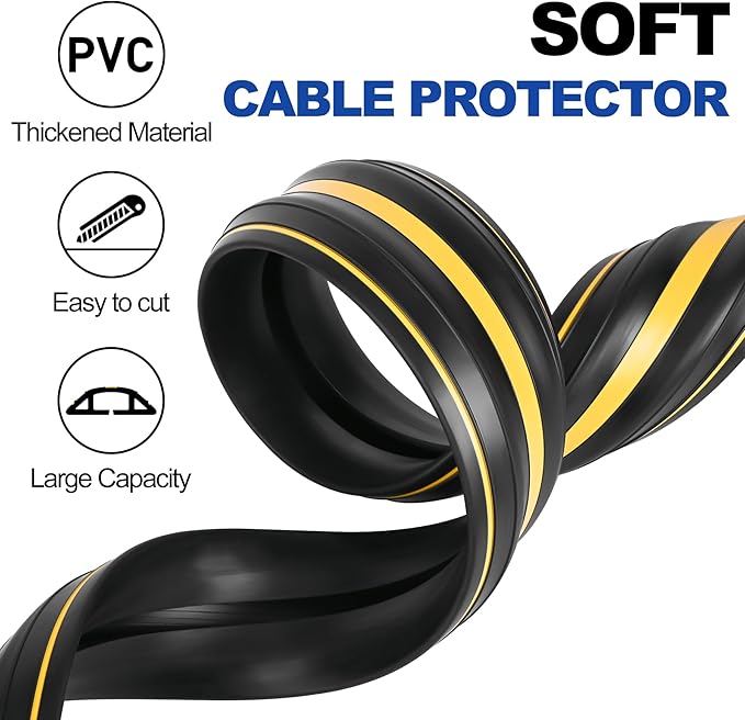 20Ft Cord Covers for Wires on Floor, 3-Channel Heavy Duty Floor Cord Cover with Anti-Slip Base & Yellow Warning Strips, Ideal for Home, Office, Outdoor Use(10Ft X 2 Rolls)