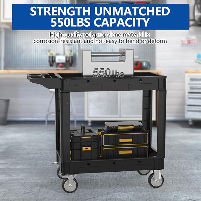 550LBS Utility Cart, 2-Tier 40x17 Inch Utility Cart with Wheels,Heavy Duty Service Cart-Lipped Shelves,Ergonomic Storage Handle and Swivel Wheels for Warehouse, Garage, Cleaning,Black