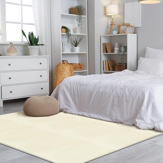 Carpet Tiles Peel and Stick 24” x 24”, Self Adhesive Soft Padded Flooring Stickers, Off-White Home Decor for Bedroom Living Room Office, 10 Tiles & 40 sq ft per Box