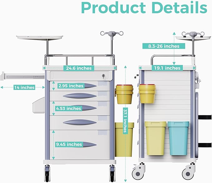 Medical Rolling Crash Cart with Accessories-CPR Board, IV Pole, O2 Holder, Trash Bin, Drawers with Dividers, Mobile Medical Cart for Clinic, Hospital, Nursing Center, Salon, 24.6”Wx19.1”Dx37.1”H