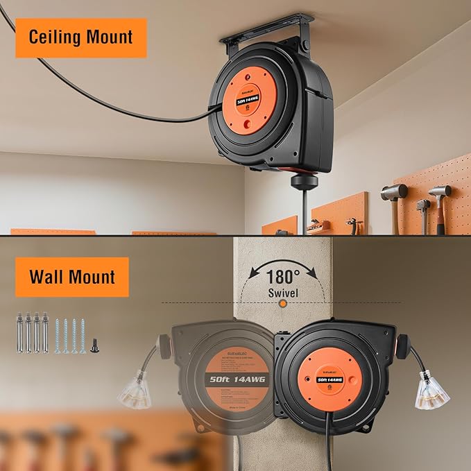 SURAIELEC 50FT Retractable Extension Cord Reel, 14AWG/3C SJTOW Heavy Duty Power Cord with Lighted Triple Tap, 13A Circuit Breaker, Ceiling/Wall Mount for Garage, Shop, Workshop, ETL Listed, Orange
