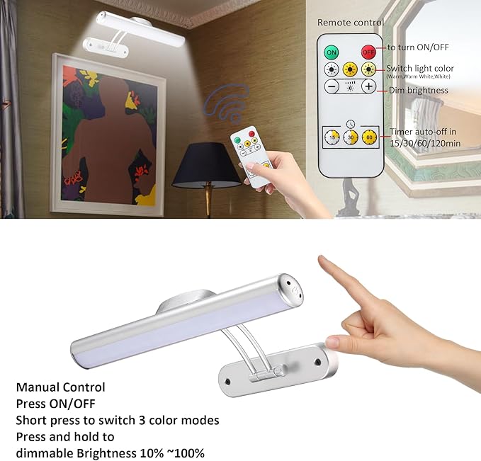 MIOBLUE Wireless Picture Light with Remote, Rechargeable Battery Art Display Light with Remote Control, Dimmable/Timer Off Painting Light, 3 Lighting Modes Full Metal Dartboard Lights (Silver-1Pack)