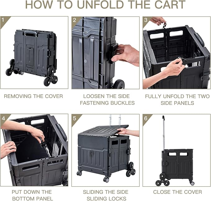 Foldable Utility Cart ，Folding Shopping carts，Collapsible cart with Stair Climbing Wheels, 8 Wheel Shopping cart，Collapsible Rolling Crate with Telescoping Handle (Black, 17.32 * 17.13 * 30.12)