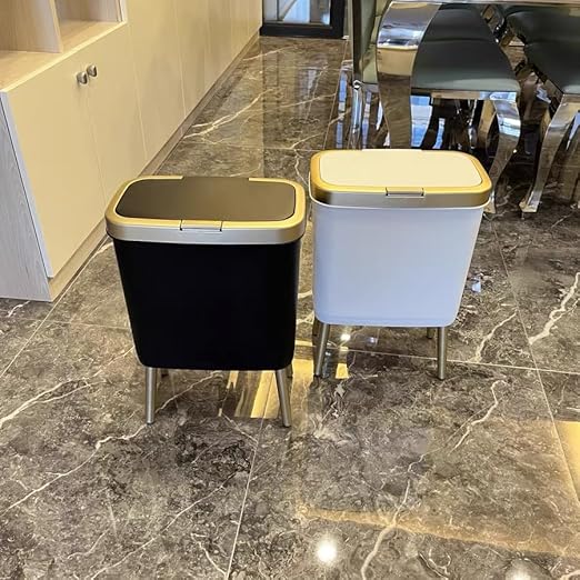 Procade 2Pack Trash Can with Lid, Modern Bedroom Garbage Can with Gold Edge, Slim Kitchen Garbage Bin，4 Gallon Trash Bin Plastic Waste can for Office, Living Room,Toilet,Bathroom (Black+White)