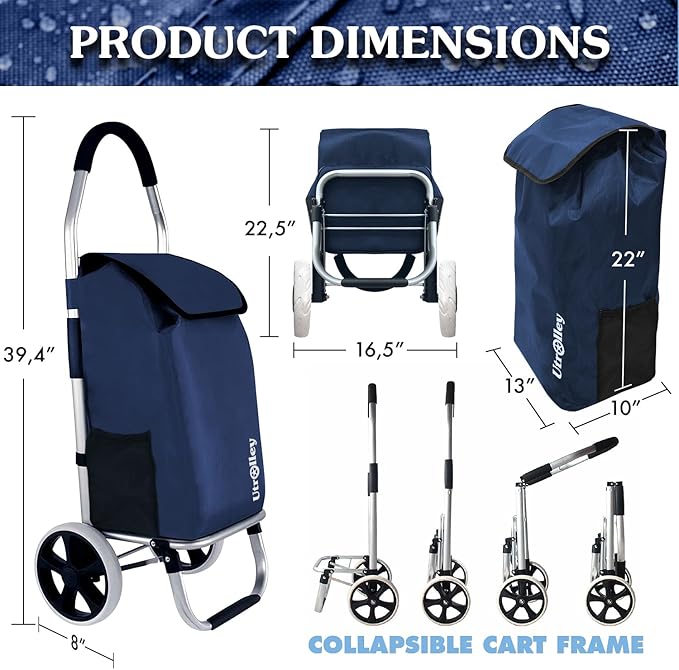Ultra-Lightweight Foldable Grocery Cart with 40L Capacity, Soft Rolling Wheels, Removable Insulated Bag – Multi-Purpose Personal Hand Truck (Blue)