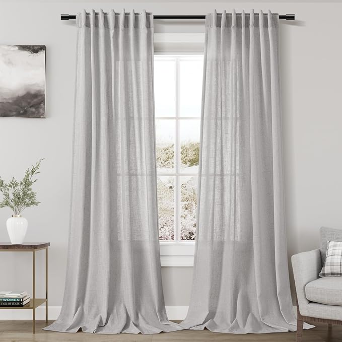 Nanspring Grey Linen Curtains for Living Room 2 Panels Set Extra Long Back Tab Light Filtering Semi Sheer Curtain Drapes for Bedroom Neutral Farmhouse Ceiling to Floor for Large Window 52x100