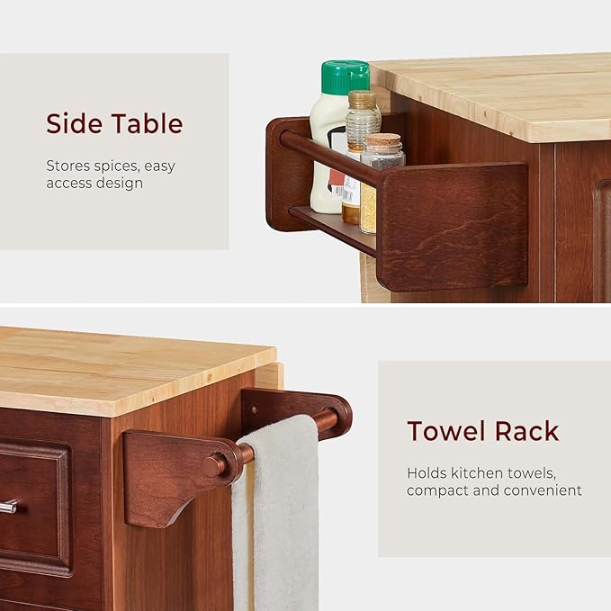 Lyromix Walnut 54" Rolling Kitchen Island Cart with Storage, Large Kitchen Cart with Folding Drop Leaf Breakfast Bar, Wood Island Table with 3 Drawers and Spice Rack & Towel Rack, Brown