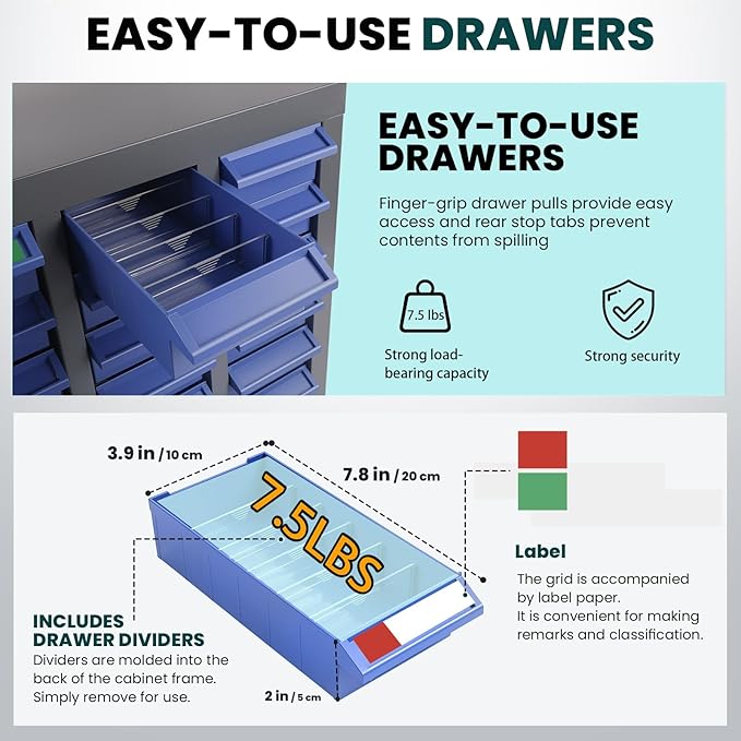 75-Drawer Parts Cabinet with Labels & Dividers, ABS Non-Slip Drawers & Steel Frame, Nut Bolt Screw Tool Organizer for Workshop, Garage, Craft, Toy & Accessory Storage