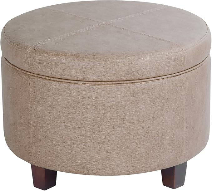 Homepop Home Decor | Upholstered Faux Leather Round Storage Ottoman | Ottoman with Storage for Living Room & Bedroom, Taupe Brown