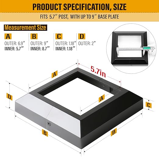 5.5"x5.5"（Actual: 5.5"x5.5"） Deck Post Base Cover Decorative Post Base Trim Skirt Black Aluminum 1Pack
