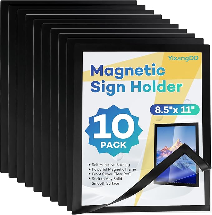 YixangDD 10 Pack Magnetic Sign Holder 8.5 x 11, Self-Adhesive Magnetic Wall Mount Sign Holder, Magnetic Document Holder for Wall Window Office Poster Store