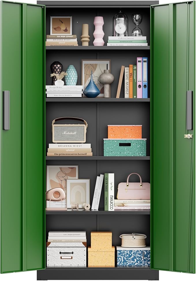 Greenvelly 63" H Metal Storage Cabinet Black Green, Locking Metal Cabinet, Store Tools, Clothes, Tableware and Toiletries, Garage Cabinets with Adjustable Shelves for Office, Home, Garage, Pantry