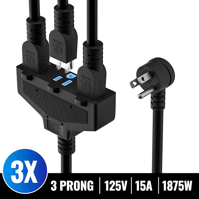 Outdoor Extension Cord 20 Ft with 3 Outlets, 12/3 SJTW 3 Prong Grounded Power Cord, 12 Gauge 12AWG Heavy Duty Power Cable, ETL Listed, 15 Amp 125 V 1875 W-Multiple Outlets for Indoor/Outdoor-Black